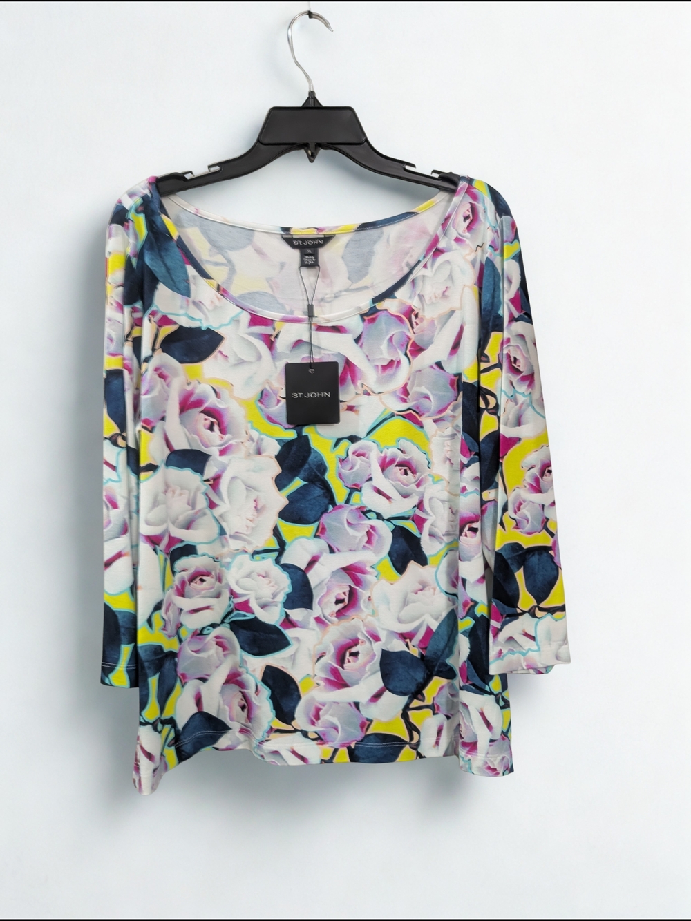 St. John Floral Scoop Neck Long Sleeve Top in White, Pink, Navy & Yellow